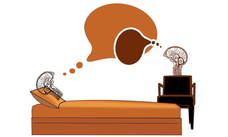 drawing of a brain in a chair talking with a brain on a couch to symbolize a therapist and patient in conversation