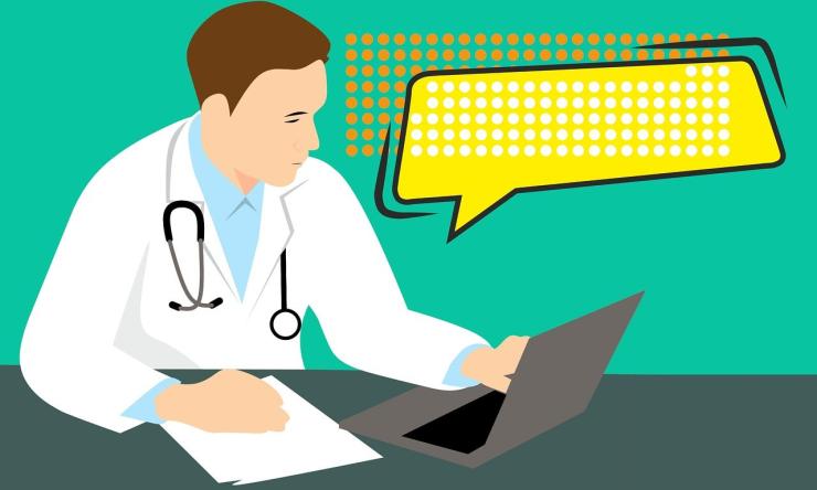 Drawing of a doctor with a thought bubble showing dots to represent AI communication.