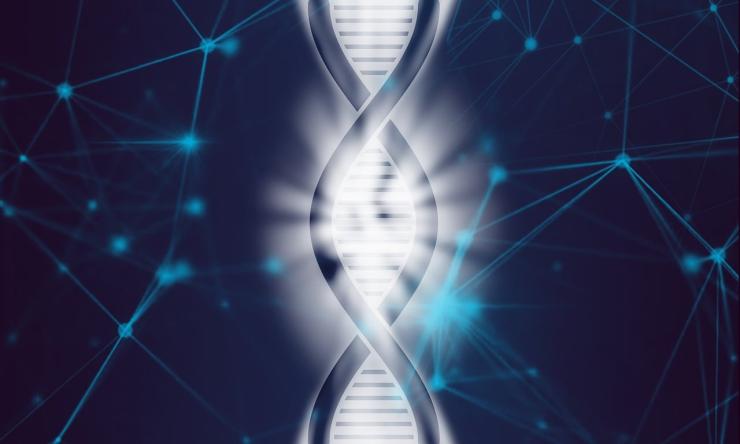 Artist rendition of a double helix glowing white light on a dark blue background