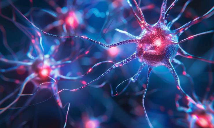 Pink and blue drawing of a neuron.