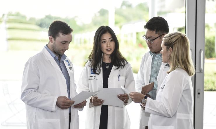 Four young medical students compare notes by a window