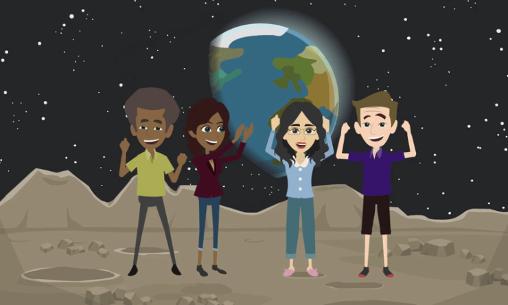 Four animated adults standing on the moon with the Earth in the background