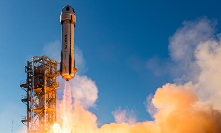 Caption: New Shepard lifts off from Launch Site One during NS-27. (October 23, 2024)