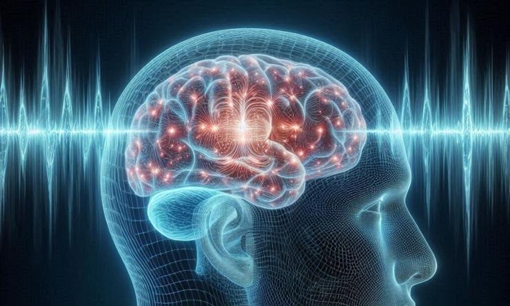 Artist interpretation of a brain and soundwaves to represent neural activity and hearing