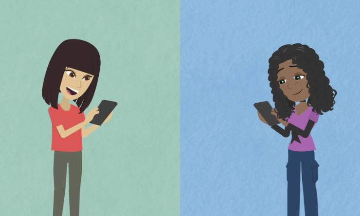 Two girls facing each other while holding cellphones. They are both looking at their phones. 