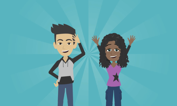 A boy and a girl standing in front of a blue background and waving "hi". 