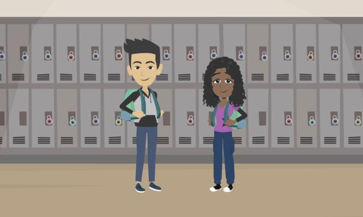 a boy and girl standing in front of a row of lockers