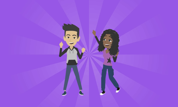 a boy and girl celebrating in front of a purple background