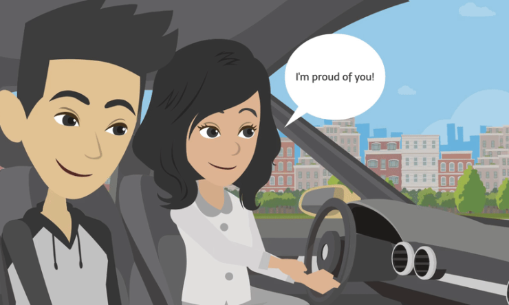 a boy and girl in a car with a text bubble saying "I'm proud of you!"