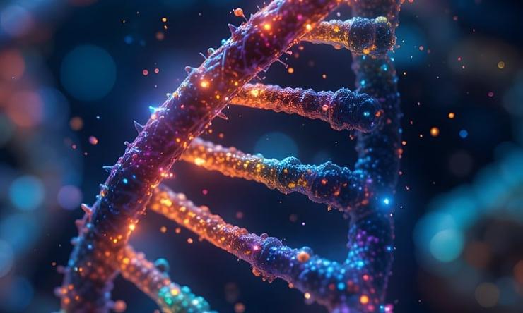 Drawing of DNA with colorful sparkles throughout to represent how psychodelics could be linked to antiaging properties. 