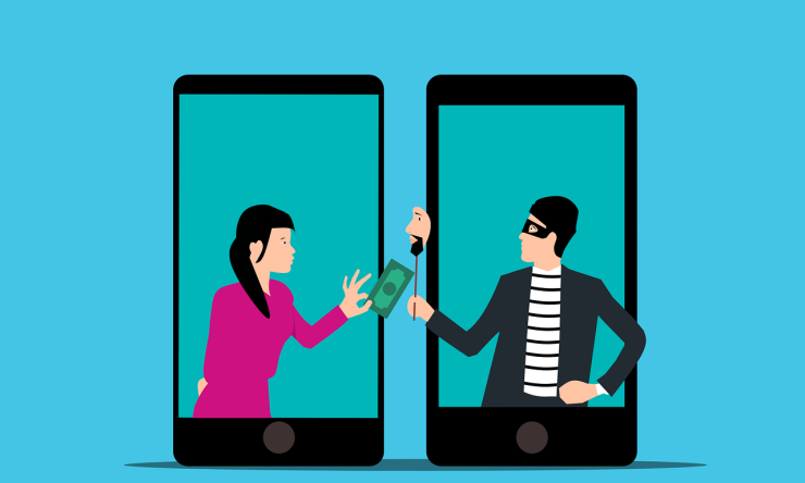 A cartoon of a woman handing money to a man wearing a mask to represent online scams. 