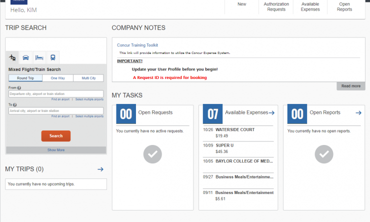 home page for SAP Concur