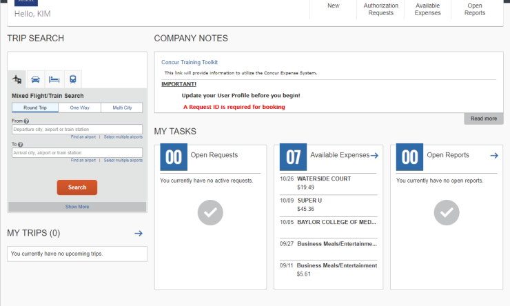 home page for SAP Concur