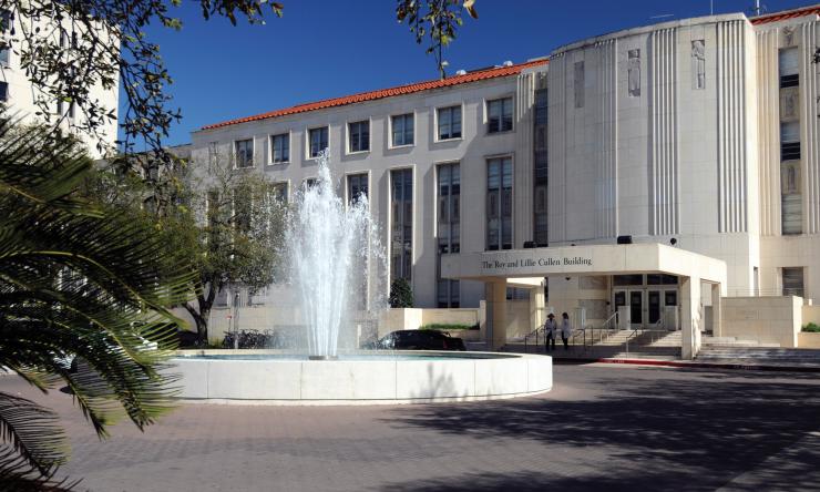 The Roy and Lillie Cullen Building, with the Alkek Fountain at the entrance.