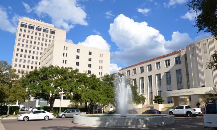 Cullen Building and fountain with the Michael E. DeBakey Center and Alkek Building in the background.